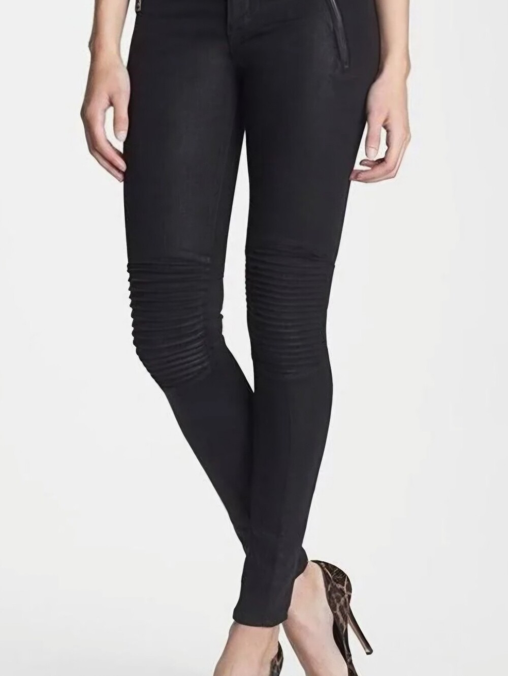 Hudson Stark Moto Skinny Black Wax Jeans Hip Zippers Pleated Knees Womens 27 EUC